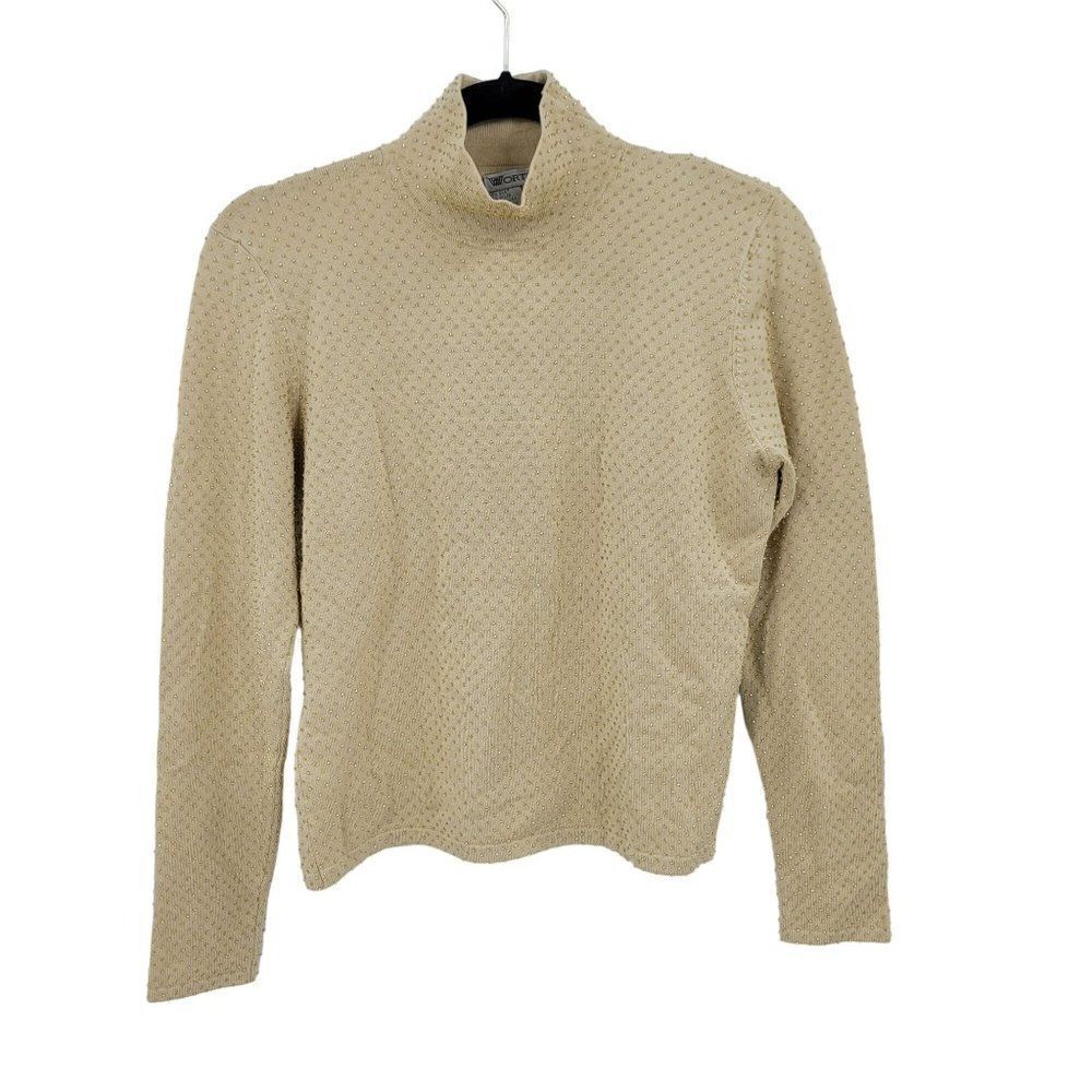 Vintage 80's Worth‎ Silk Beaded Mock Neck Sweater S Gold Tight Knit Holiday